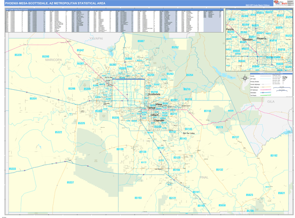 Phoenix-Mesa-Scottsdale Metro Area Wall Map Basic Style
